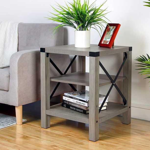 Mounchain Rustic Square Side Table, End Table with X Metal Frame