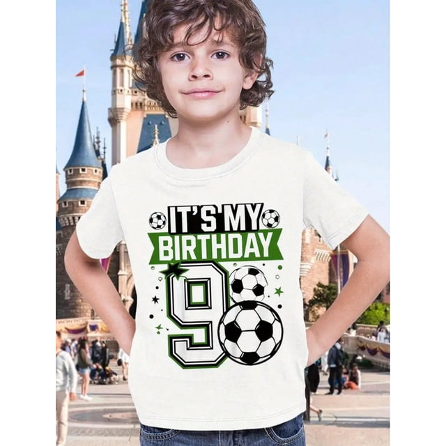 It'S My 9th Birthday Soccer T-Shirt - Cute Cartoon Soccer Ball & Number 9 Design, Unisex Crewneck Short Sleeve Tee For Boys & Girls, All-Season Casual Wear, Girls Birthday Shirt, Playful Graphic Tee,