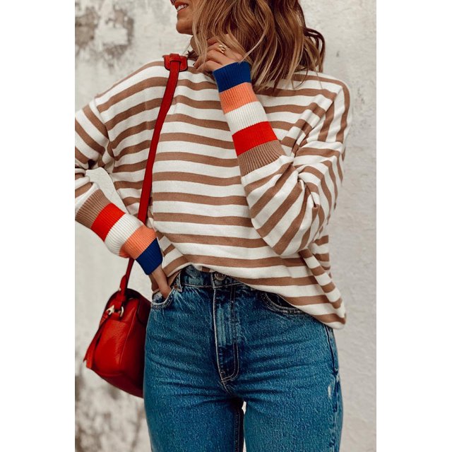 a.Jesdani Bishop-Style Turtleneck: Brown Stripes - Flattering Bishop Sleeves