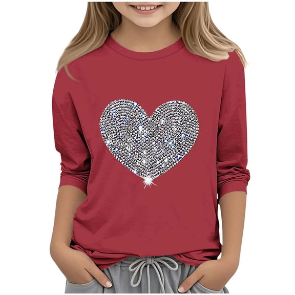 ZQUUVOU Boys Girls Hearted Print Tee 3/4 Sleeve Round Neck Valentines Pullover Casual Shirts for Children Burgundy