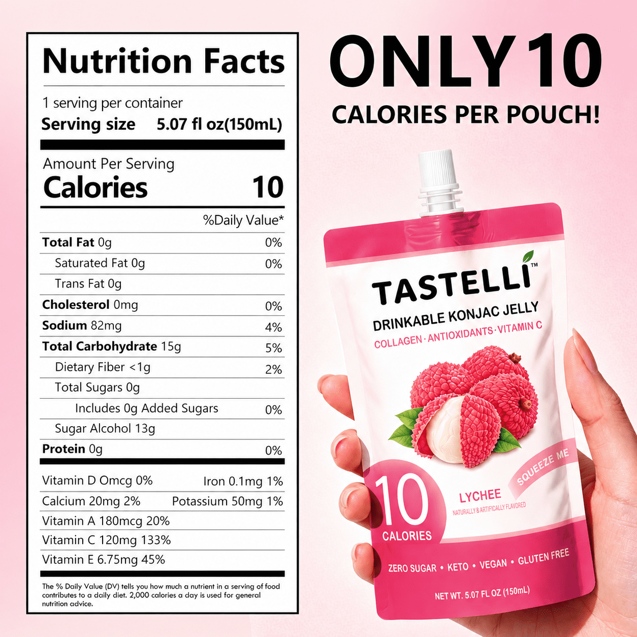Tastelli Lychee  Konjac Jelly Infused with Collagen & Vitamin C | Gluten Free, Sugar Free, Low Calorie | Vegan Drinkable Fruit Jelly Snack | 150mL x 10 Pouches