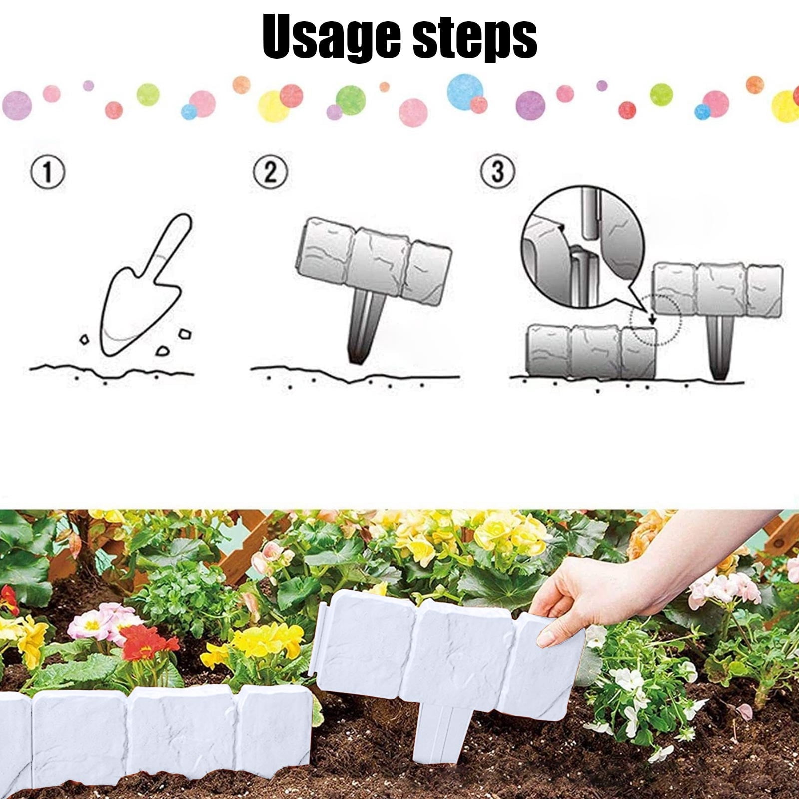 Garden Edging Border- Lawn Fence Plastic Cobblestone Effect Edging Lawn Trimming Garden Patio Decor