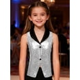 thumbnail image 2 of Raenseen Kids Girls Glittery Sequin Satin Waistcoat Lapel V Neck Pressing Button Contrast Color Vest Tank Top Silver 10, 2 of 6