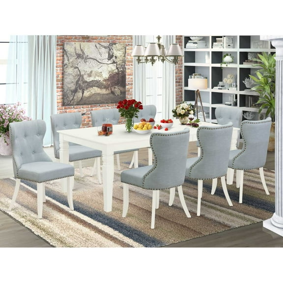 East West Furniture East-West Furniture LGSI9-LWH-15 - A kitchen table set of 8 excellent kitchen dining chairs with Linen Fabric Baby Blue color and a beautiful 18 butterfly leaf rectangle dining...