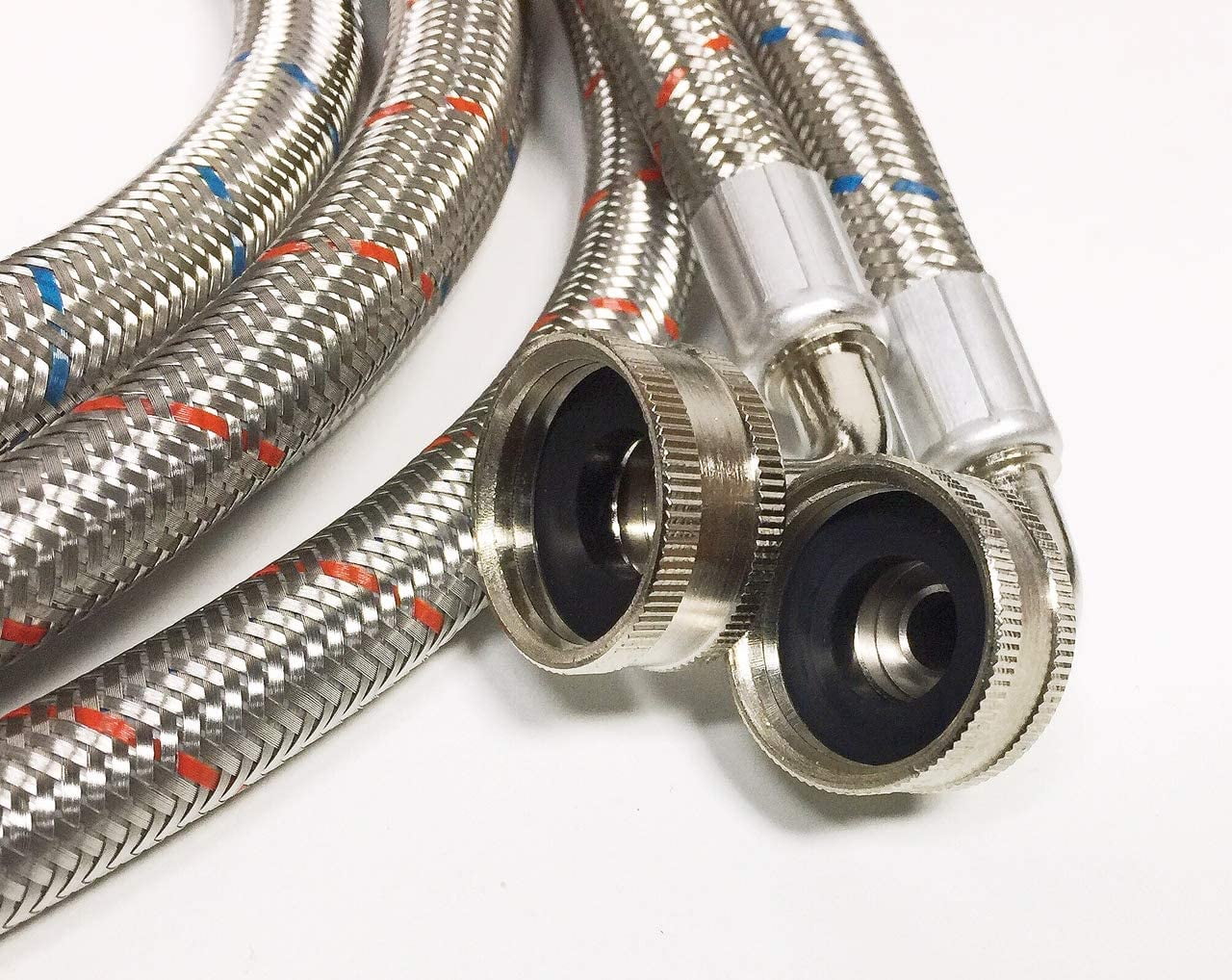 2-pACK pREMIUM sTAINLESS sTEEL wASHING mACHINE hOSES - 6 ft nO-lEAD bURST pROOF rED AND bLUE lINED wATER iNLET sUPPLY lINES - uNIVERSAL 90 dEGREE eLBOW cONNECTION - 10 yEAR wARRANTY