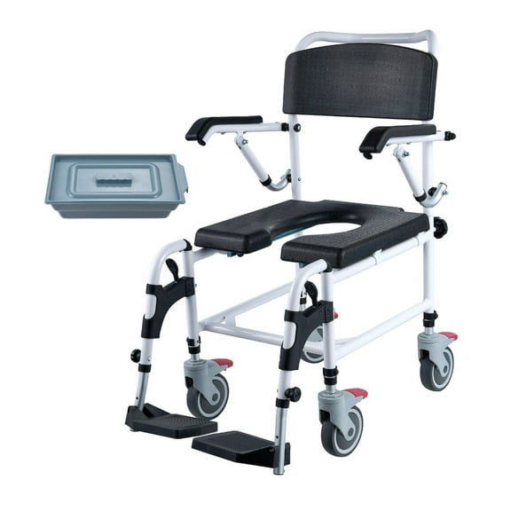 Shower Wheelchair Commode, 350 LBS Capacity, Adjustable Height, Flip-Up Arms & Footrests, Lockable Wheels, Removable Bucket, for Elderly, Seniors, Disabled