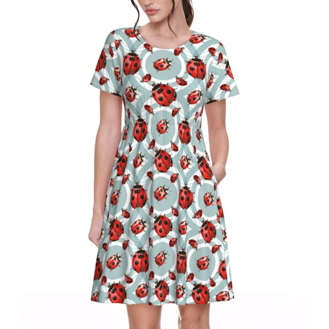 Easygdp Insects para Vestido Transpirable de Mujer, Vestido Suelto de Manga Corta con Pliegues y Bolsillos para el Verano