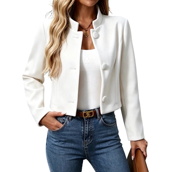FENGYOU Womens Cropped Wool Blend Jacket Casual Stand Collar Long Sleeve Short Coat Button Front Structured Outerwear Beige L