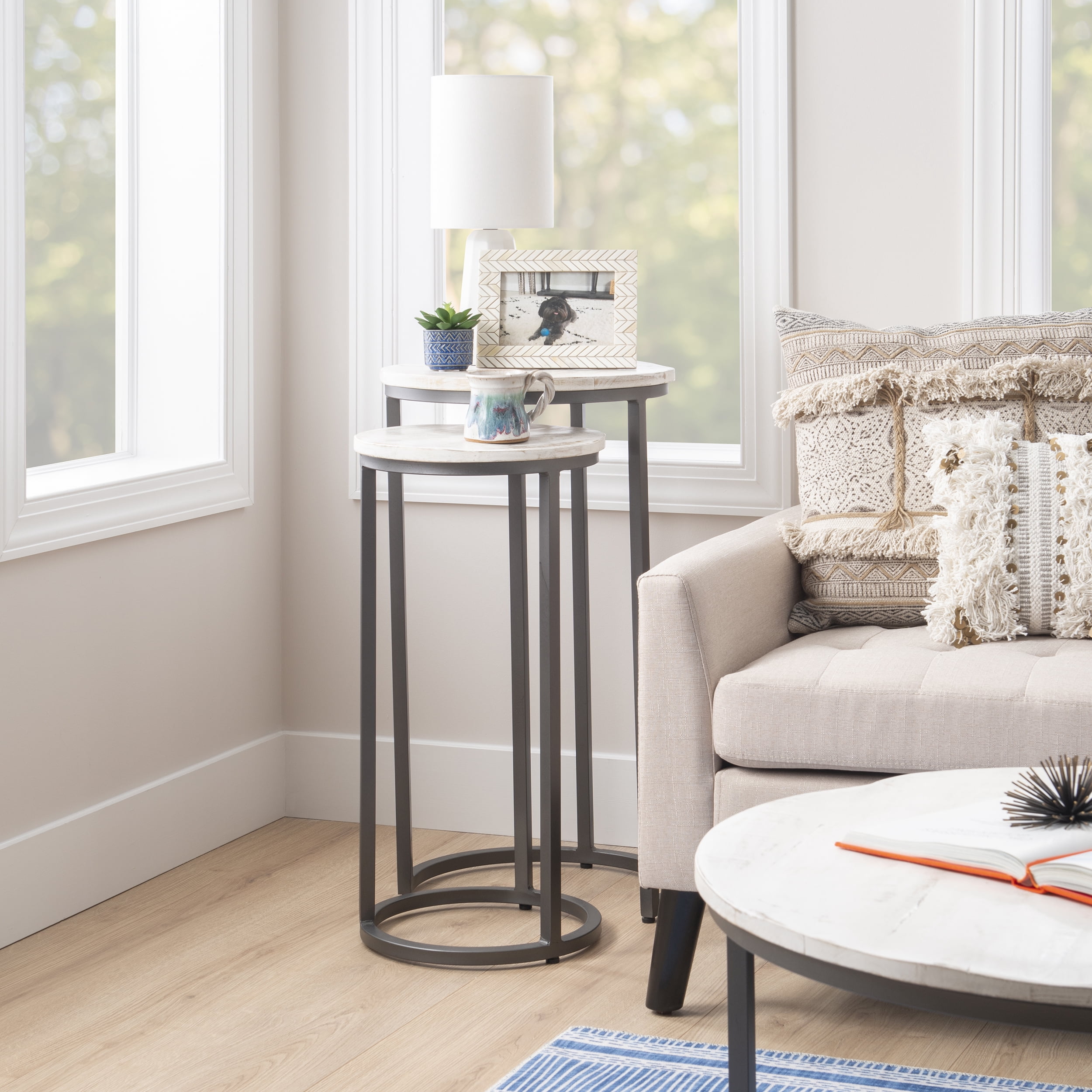 Powell Darden Indoor Modern Nesting Metal Round End Tables, Dark Gray/White Faux Marble, Set of 2
