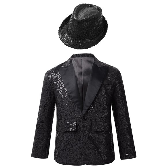 vastwit Costume Smoking pour Garçons Enfants Blazer Veste à Paillettes Brillantes Formelle Mariage Fête Manteau Gentleman Vêtement d'Extérieur et Chapeau Noir 8