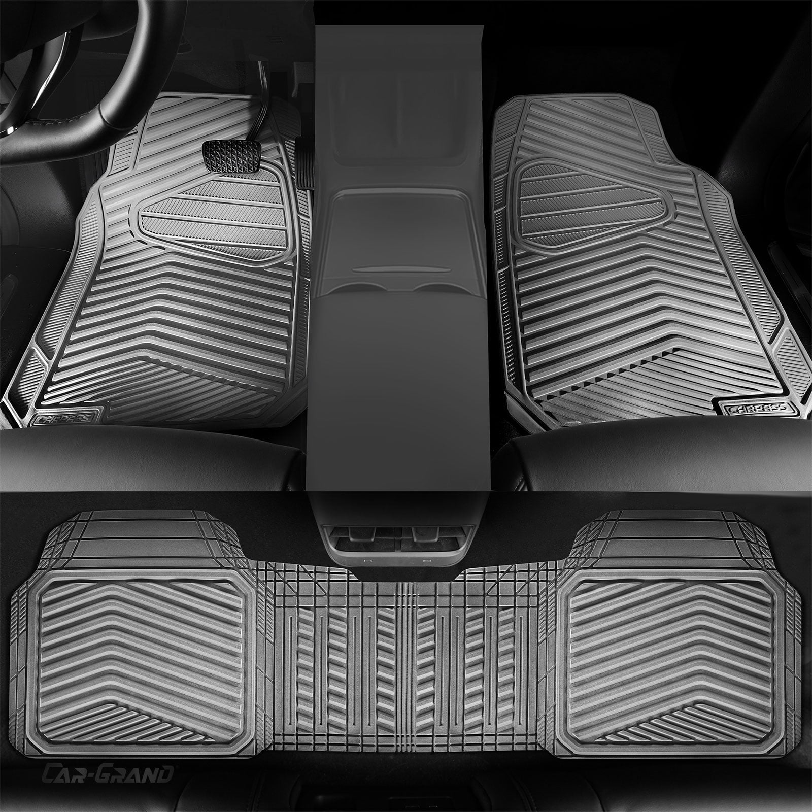CAR GRAND Rubber Car Floor Mats, All Season All Weather Waterproof Automotive Mats Full Set 4 Pieces, Trim to Fit for Cars Sedans SUVs Trucks, Anti-Slip Easy Clean, All Gray
