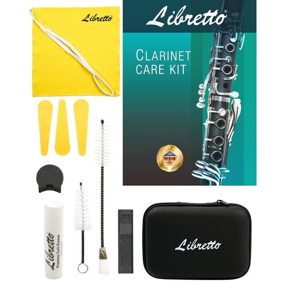 Kit de cuidado de clarinete todo incluido Libretto con estuche de EVA: herramientas de limpieza, grasa para corcho, reposapulgares, paño, secadores de almohadillas y cepillos