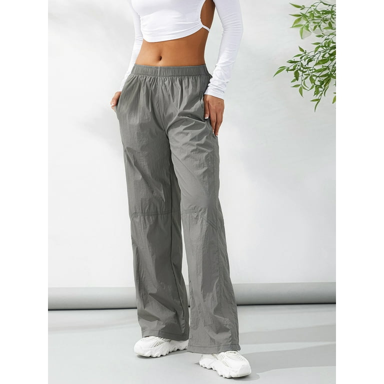 hirigin Women's Low Waist Shiny Cargo Pants Casual Solid Color Harajuku  Vintage Y3K Low Rise Baggy Jogger Relaxed Cinch Pants(H-Light Grey  (Glitter),Medium) 