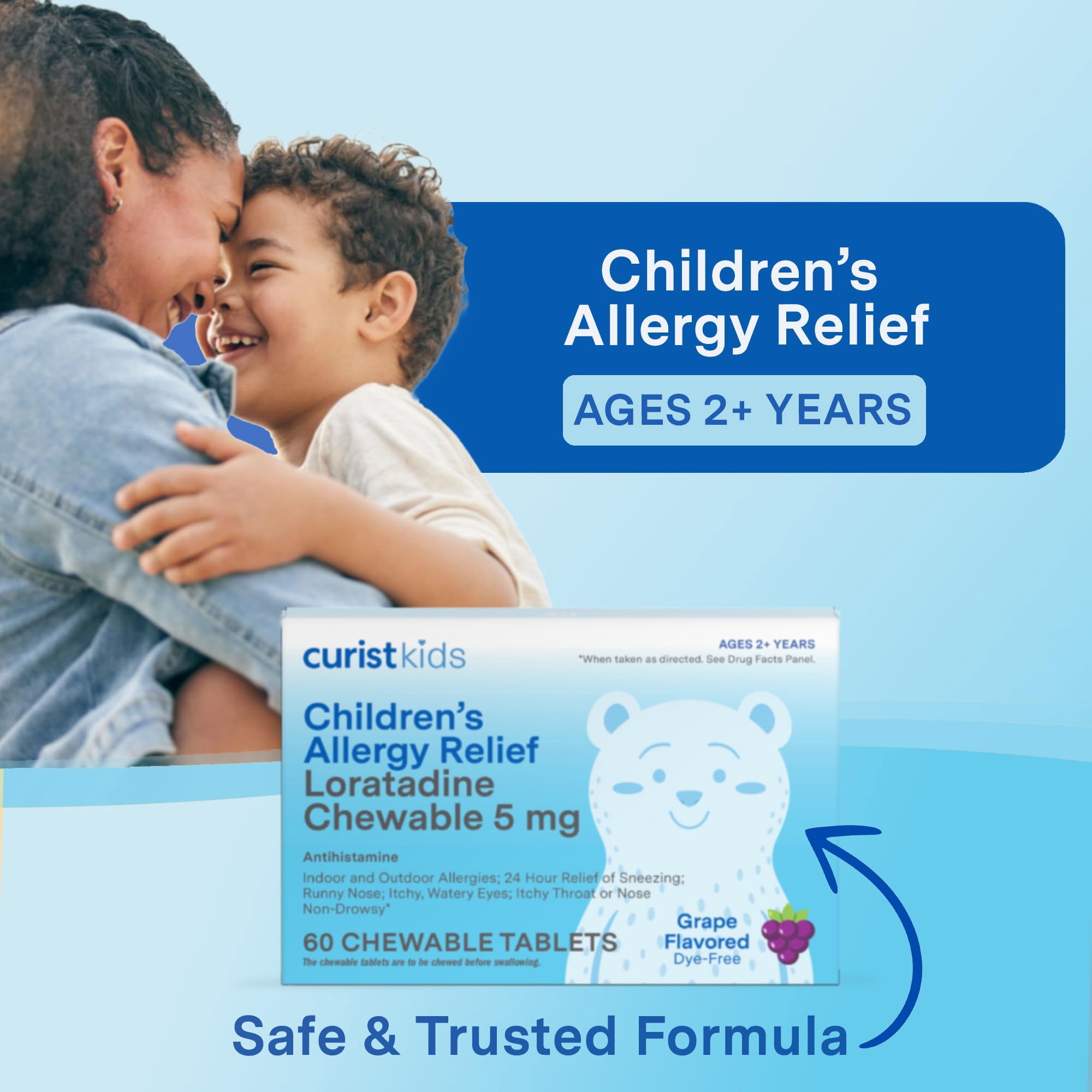 Curist Children's Allergy Medicine Chewable (Loratadine 5mg), 24 Hour Allergy Relief for Sneezing, Runny Nose, Itchy Eyes & Throat, Kids Allergy Chewable Tablets, 120 Count Grape Flavor, Pack of 2