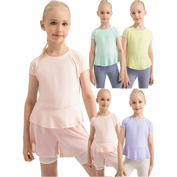5-12T Girls Workout Shirts, Sprots Tops for Kids Short Sleeve,Yoga T Shirts/Dance/Running/Athletic/Gym Shirts