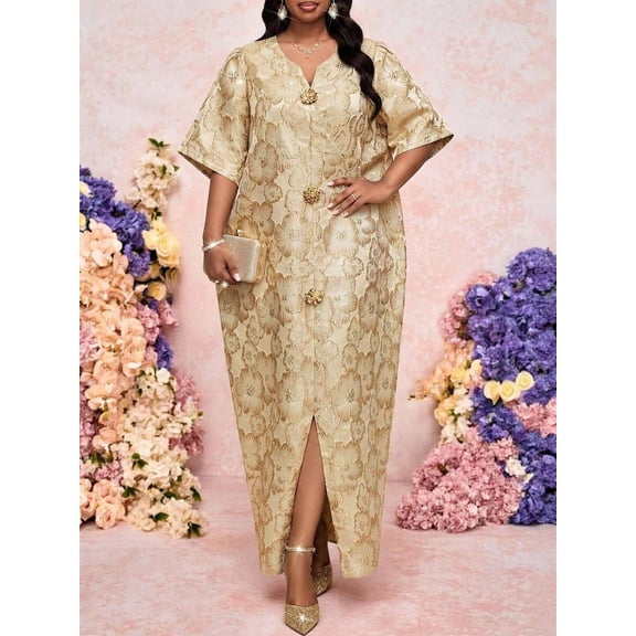 Gold Floral Jacquard Maxi Tunic Dress With Batwing Sleeves, Front Split, Notched V-Neck, Ornamental Buttons
