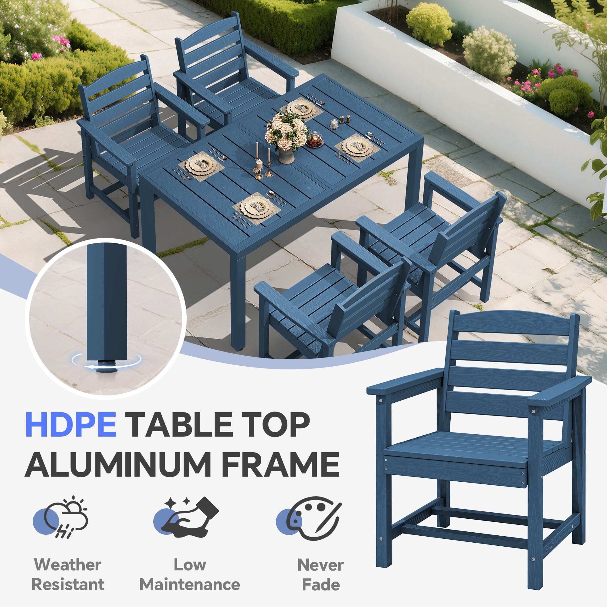SERWALL 7-Piece Outdoor Dining Set with Expandable Patio Dining Table and 6 Chairs, 60–83 Inch All-Weather HDPE Patio Furniture Sets for Backyard, Garden, Deck, Poolside - Blue