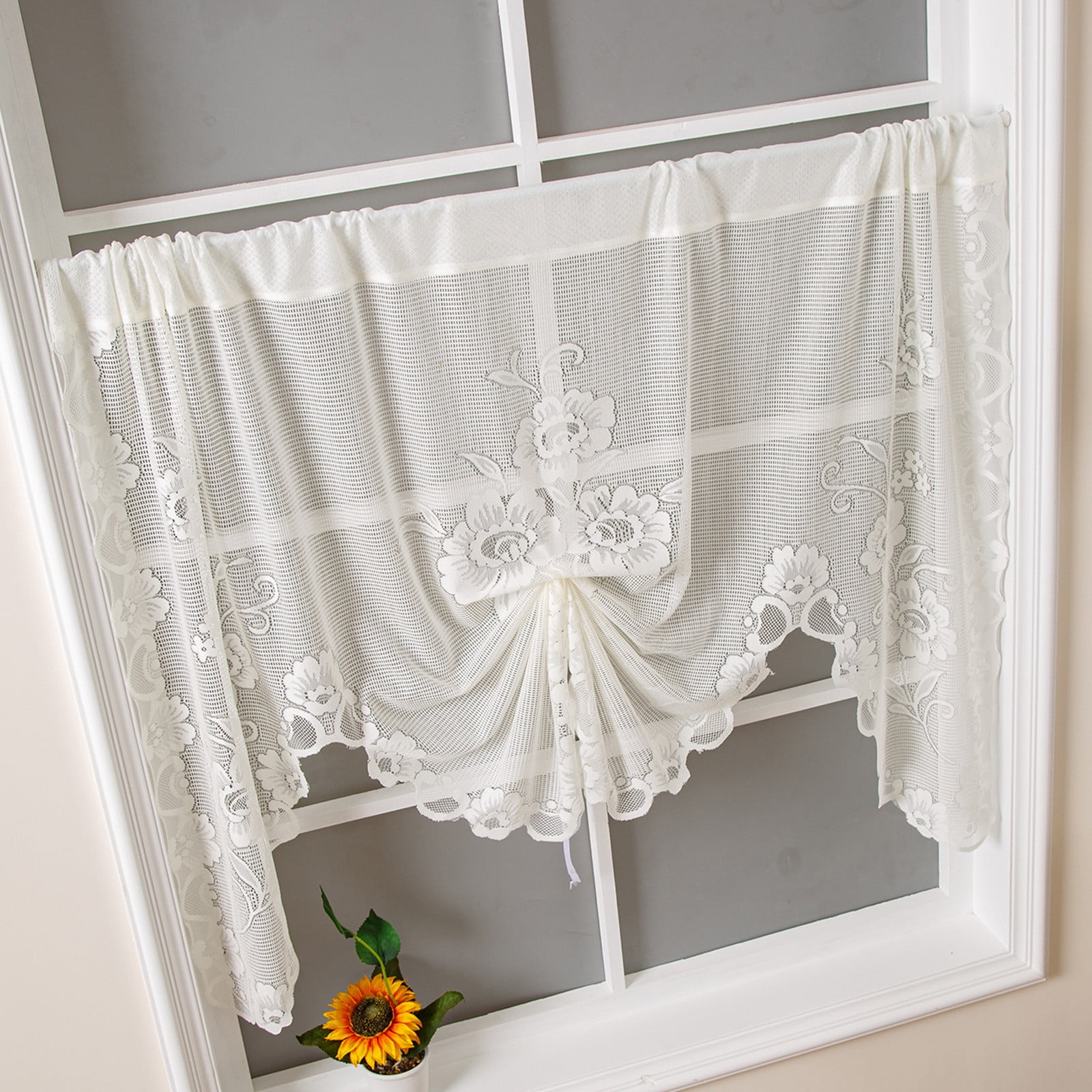 Specollect Clearance 3Pcs Valances for Windows Swag Curtains White Lace Curtain Short Floral Linen Semi Sheer Valance for Kitchen Half Window Bathroom Living Room Decoration Rod Pocket