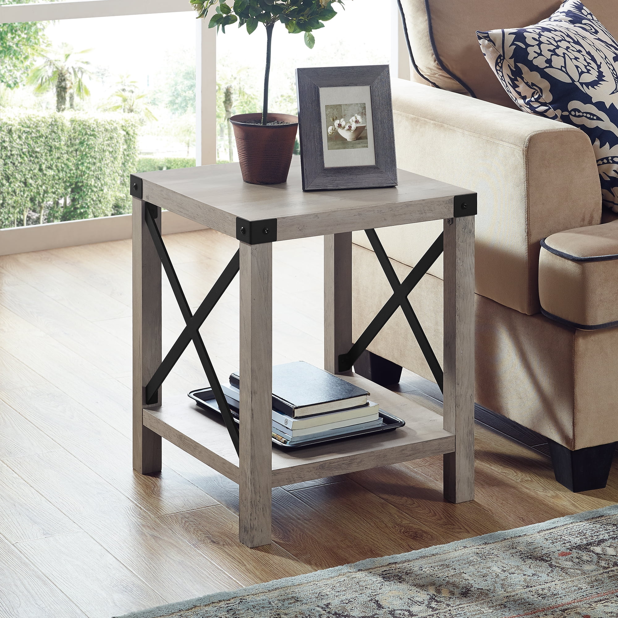 Woven Paths Magnolia Metal X Set of 2 End Tables, Grey Wash