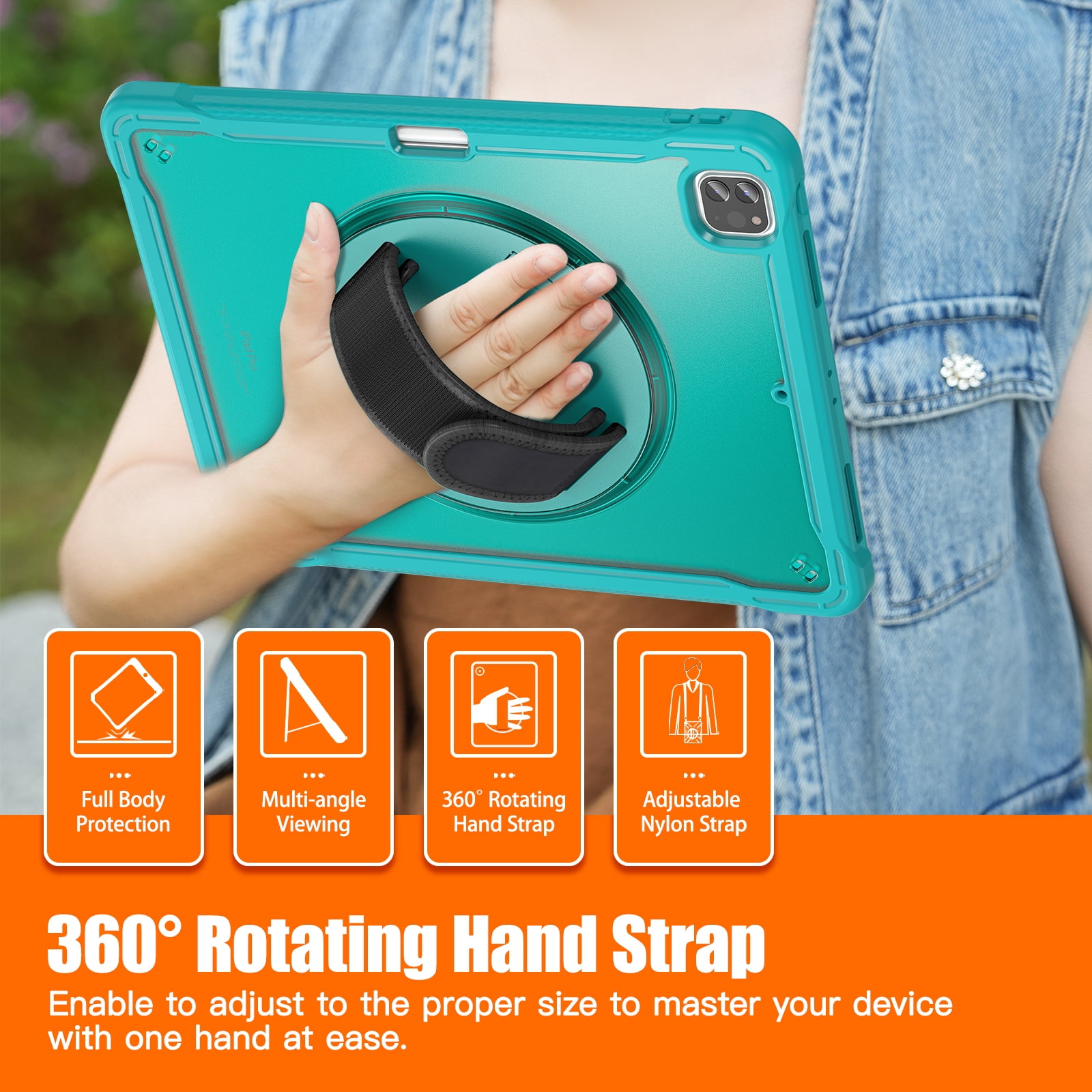 Allytech Rugged Case for Apple iPad Pro 12.9 2022/22021/2020/2018 6th/5th/4th/3rd Gen Kicktand Translucent Back Cover Shockproof Adjustable Shoulder Strap Kids Friendly with Pencil Holder-Blue