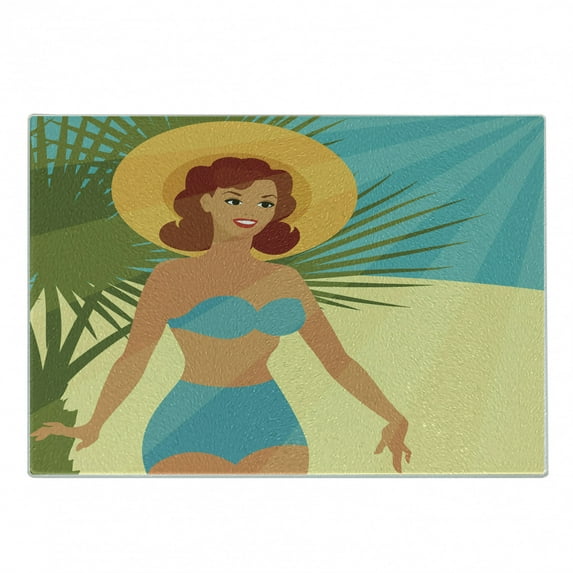 Pin up Girl Cutting Board, 1950s Style Woman Wearing Strapless Blue Bikini and a Hat in an Exotic Beach, Decorative Tempered Glass Cutting and Serving Board, in 3 Sizes, by Ambesonne