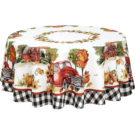 

Newbridge Autumn Farm Truck Gingham Bordered Thanksgiving Fabric Tablecloth - Fall Pumpkin Harvest Barn Easy Care Tablecloth 60” x 84” Oval
