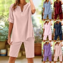 Feancey Linen Short Sets for Women Loose Fit Casual Shorts 2 Piece Outfits Button V Neck Shirt Lounge Set 2025 Summer Trendy Vacation OutfitPink L