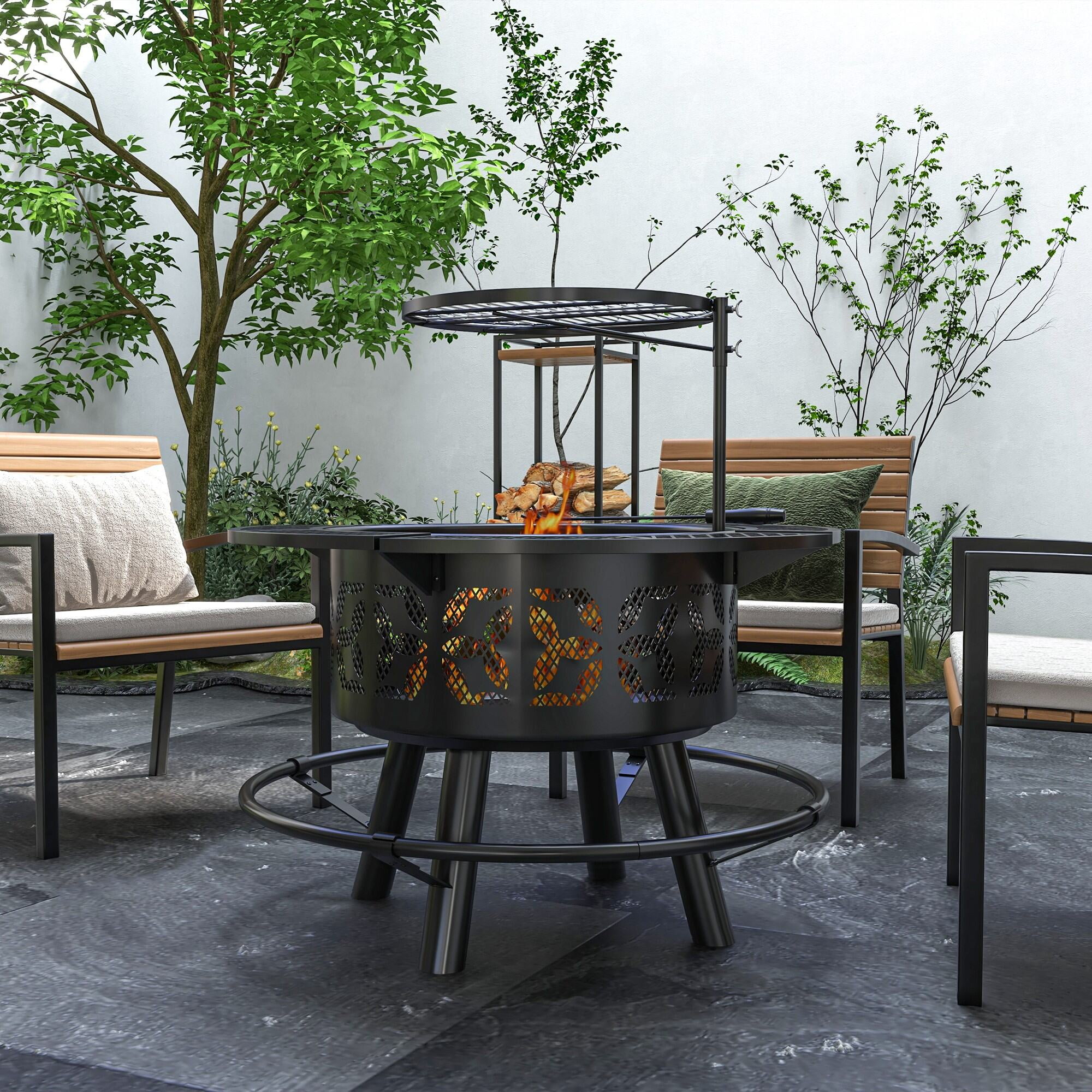 Outdoor Grill, 2-in-1 Fire Pit, BBQ Grill, 33" Portable Wood Burning Firepit with Adjustable Cooking Grate, Pan and Poker, Camping Bonfire Stove for Backyard, Patio, Picnic, Black, Black BBQ Grill