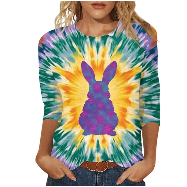 Camisetas de Pascua para las Mujeres Impresión de la Moda Suelta Casual Cuello Redondo Tres Cuartos de Manga Suéter
