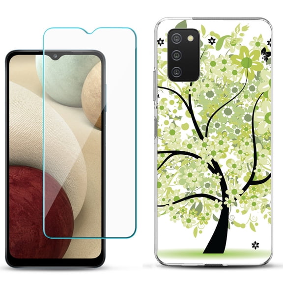 Slim-Fit TPU Phone Case Compatible with Samsung Galaxy A02s, with Tempered Glass Screen Protector, by OneToughShield ® - Green Tree