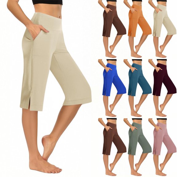 Eryao Split Hem Capri Pants for Women High Waisted Straight Leg Yoga Capris with Pockets Casual Lightweight Office Work Pants Beige M