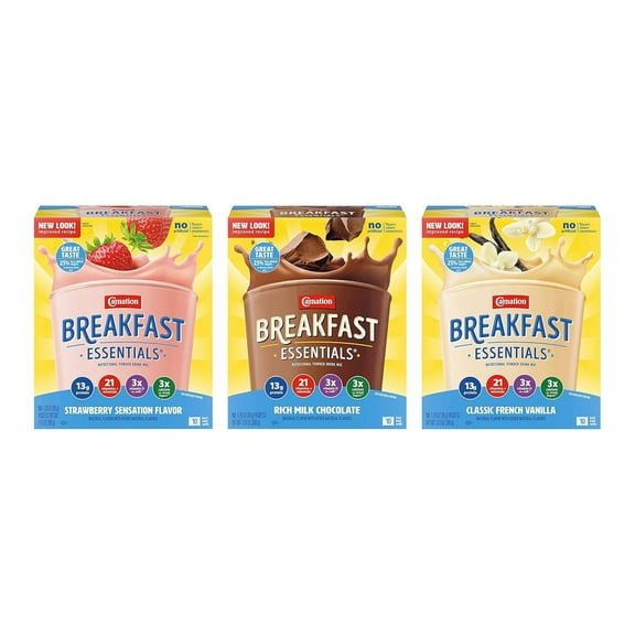 Carnation Nutritional Powder Drink Mix Variety Pack, Strawberry Sensation, Rich Milk Chocolate, Classic French Vanilla, 3 CT
