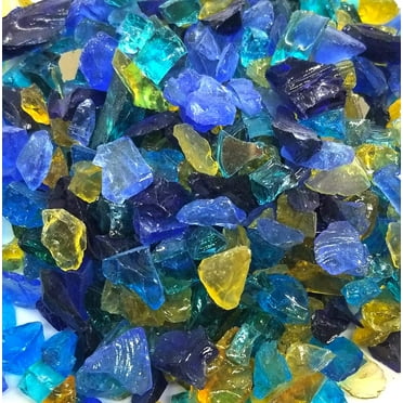 VIVID Heat (5-POUNDS) Blue Yellow & Teal Premium Indoor & Outdoor Crushed Fire Glass Rock Large 1/2, 3/4 & 1" inch Chunky Size - Glass For Use in Gas Fire Pit, Fireplace, Fire Table Etc. (Royal Blend)