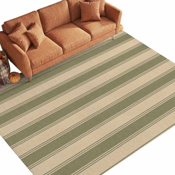 Horizontal Band Washable Area Rug 6 x 9 ft Rustic Minimalist Green Beige Linear Ribbon Stripe Soft Non‑Slip Rugs Stain Repellent Indoor Mats for Living‑Room Great Room Large Formal Dining‑Room