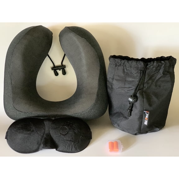 MLVOC Memory Foam Travel Neck Pillow with Eye Mask and Earplugs, Gray