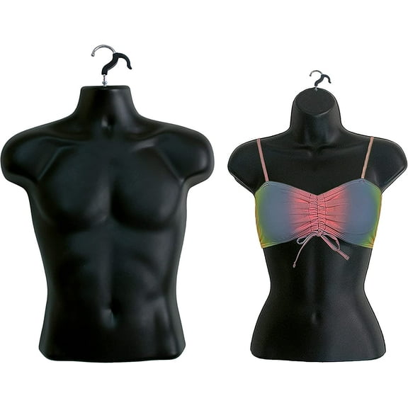 DisplayTown Black Male   Black Female Mannequin Injection Forms Half Rounded Waist Body Torso Dress Form with Only Hanging Hook, S-M Sizes