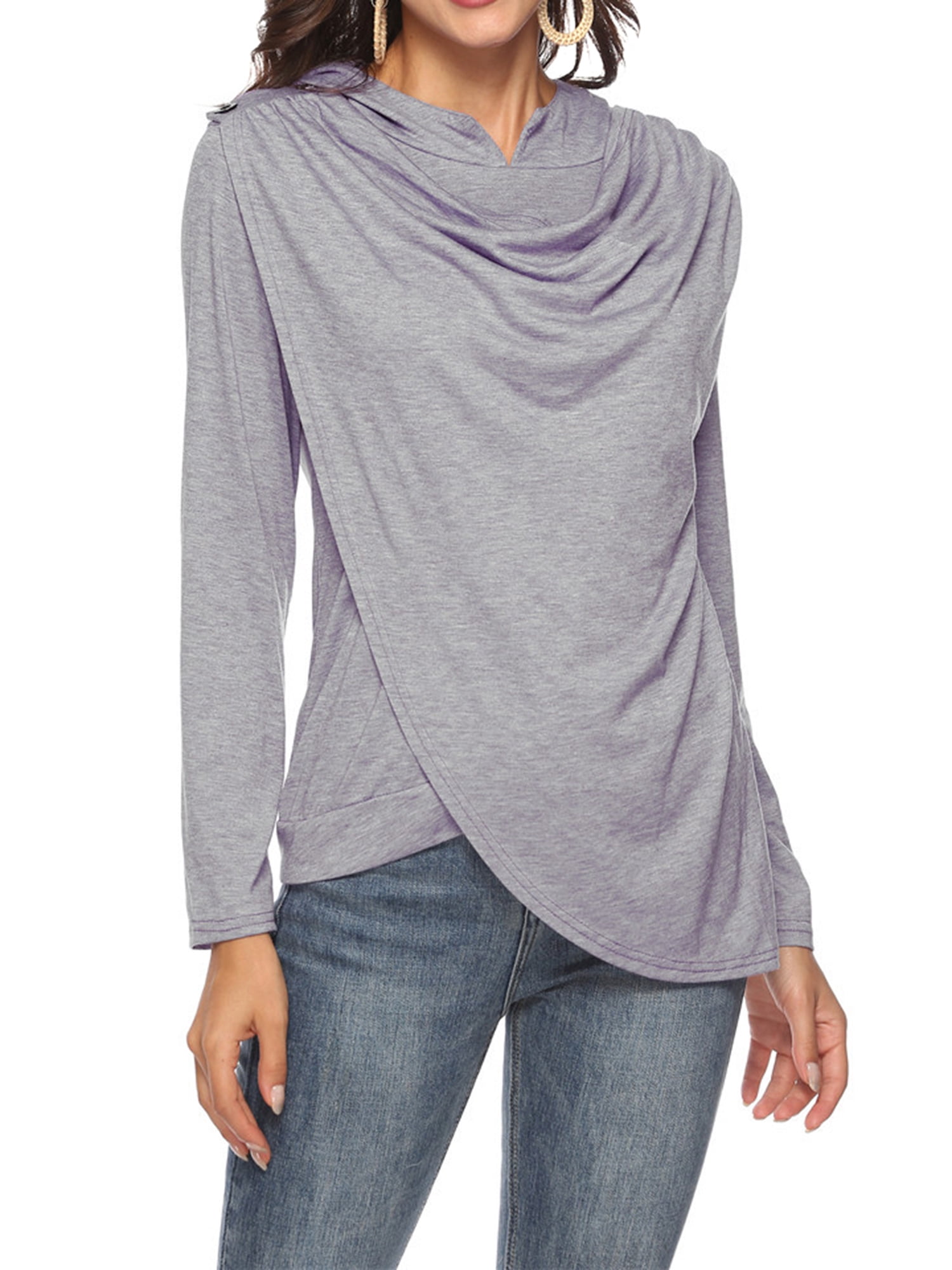 Women's Long Sleeve Asymmetric Hem Hoodie Wrap Shirt(with hat 