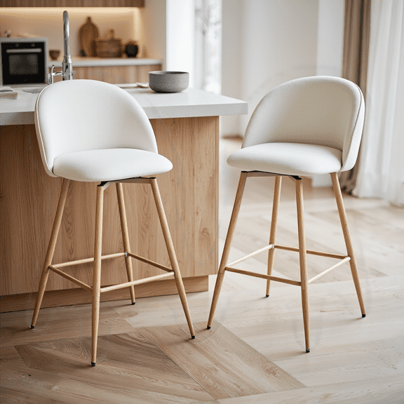 Homy Casa Sleek Modern Bar Stools, 26 in. Seat Height, Set of 2 with Fabric Upholstery, Beige