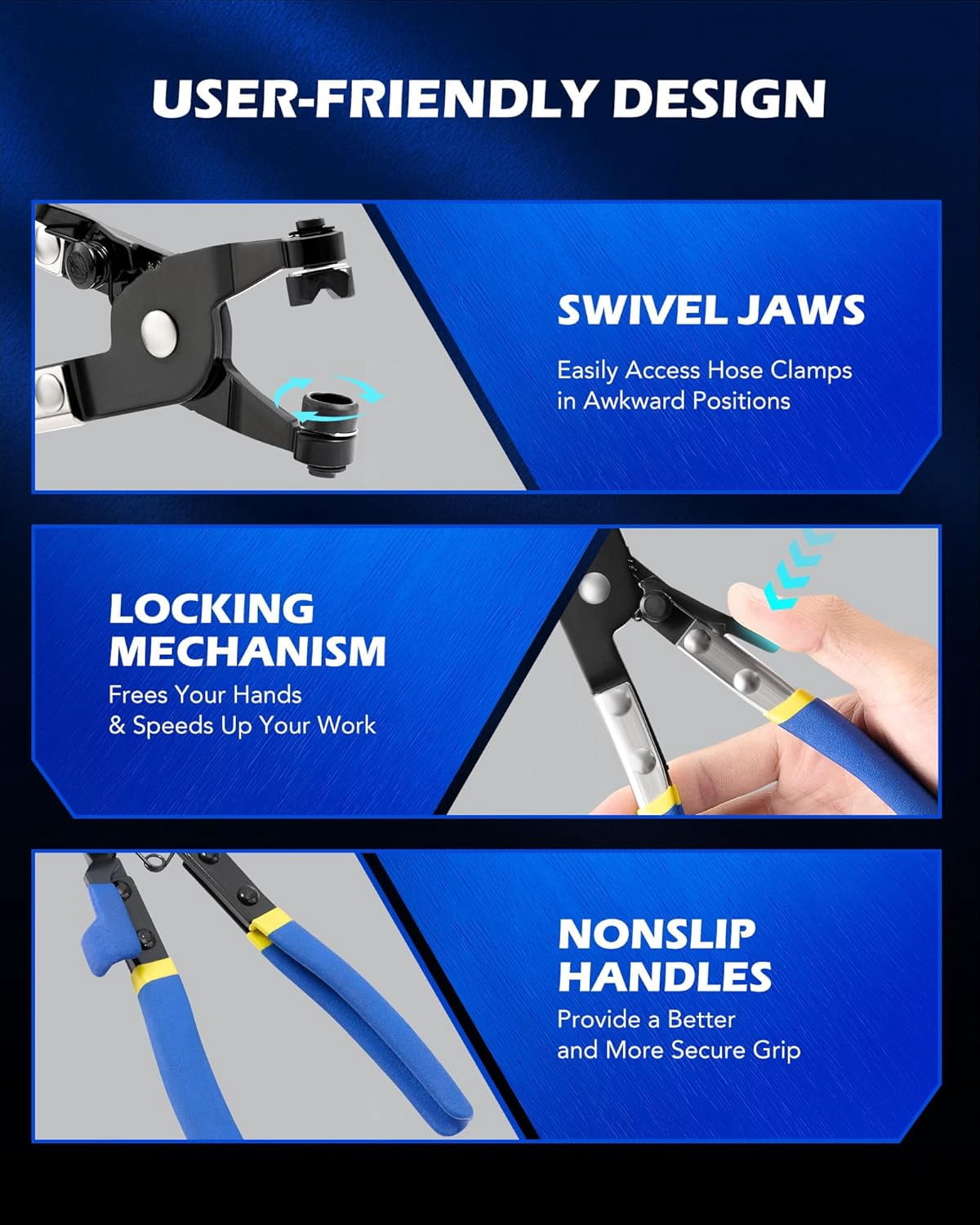 SYNYLIIFE 9 Pcs Hose Clamp Pliers for Fuel Oil & Water Hoses, Automotive Long Reach Hose Clamp Remover Kit with Flexible Wire Clic R Type Swivel Jaw Flat Band Pliers Case, Blue