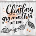 thumbnail image 1 of Whimsical Autumn Shower Curtain with Playful Design & Pumpkins - "Chinsling Grey Month", 1 of 4