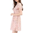 thumbnail image 4 of Unique Bargains Junior's Floral V Neck Flare Lace-up Zipper Chiffon Dress L Pink, 4 of 7