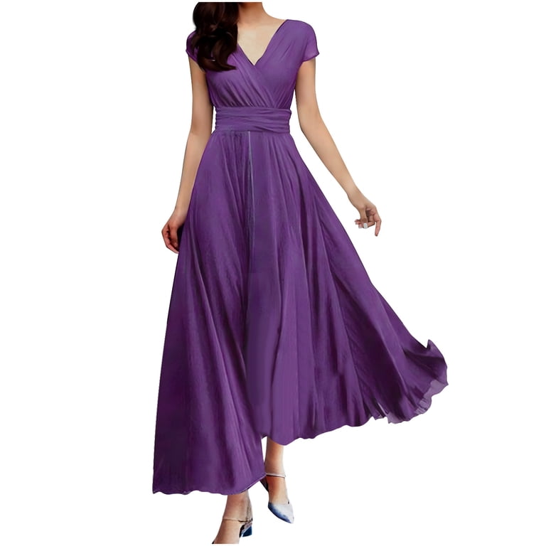 Sakmal Dresses for Women 2024 Evening Gown Flowy Solid Purple Short Sleeve  Slimming Tea-Length Faux-Wrap Dress