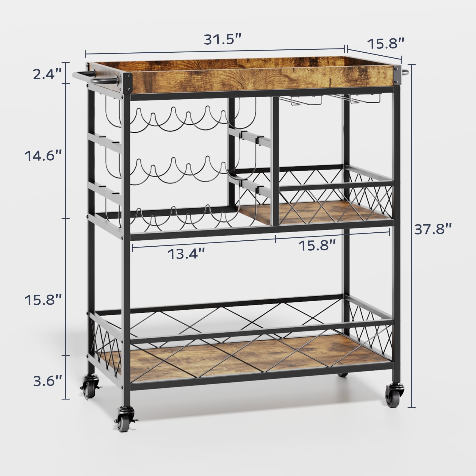 Asofer 3-Tier Bar Cart with Lockable Wheels - detail view