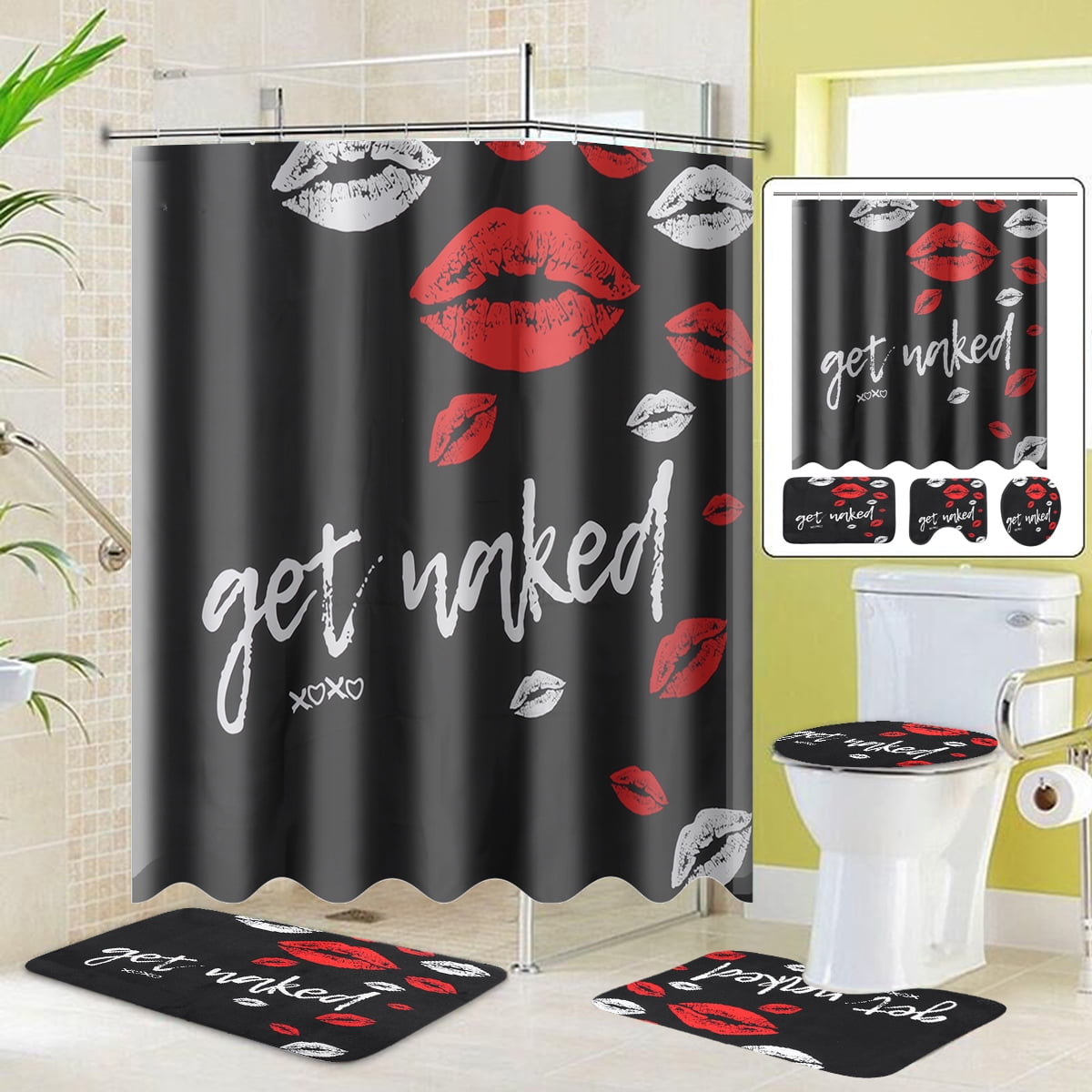 Ochine 4 Pcs Get Naked Shower Curtain Bathroom Set with Non-Slip Rug Toilet Lid Cover and Bath Mat with 12 Hooks Red Funny Kiss Decor Black Polyester Fabric Waterproof Bath Curtain
