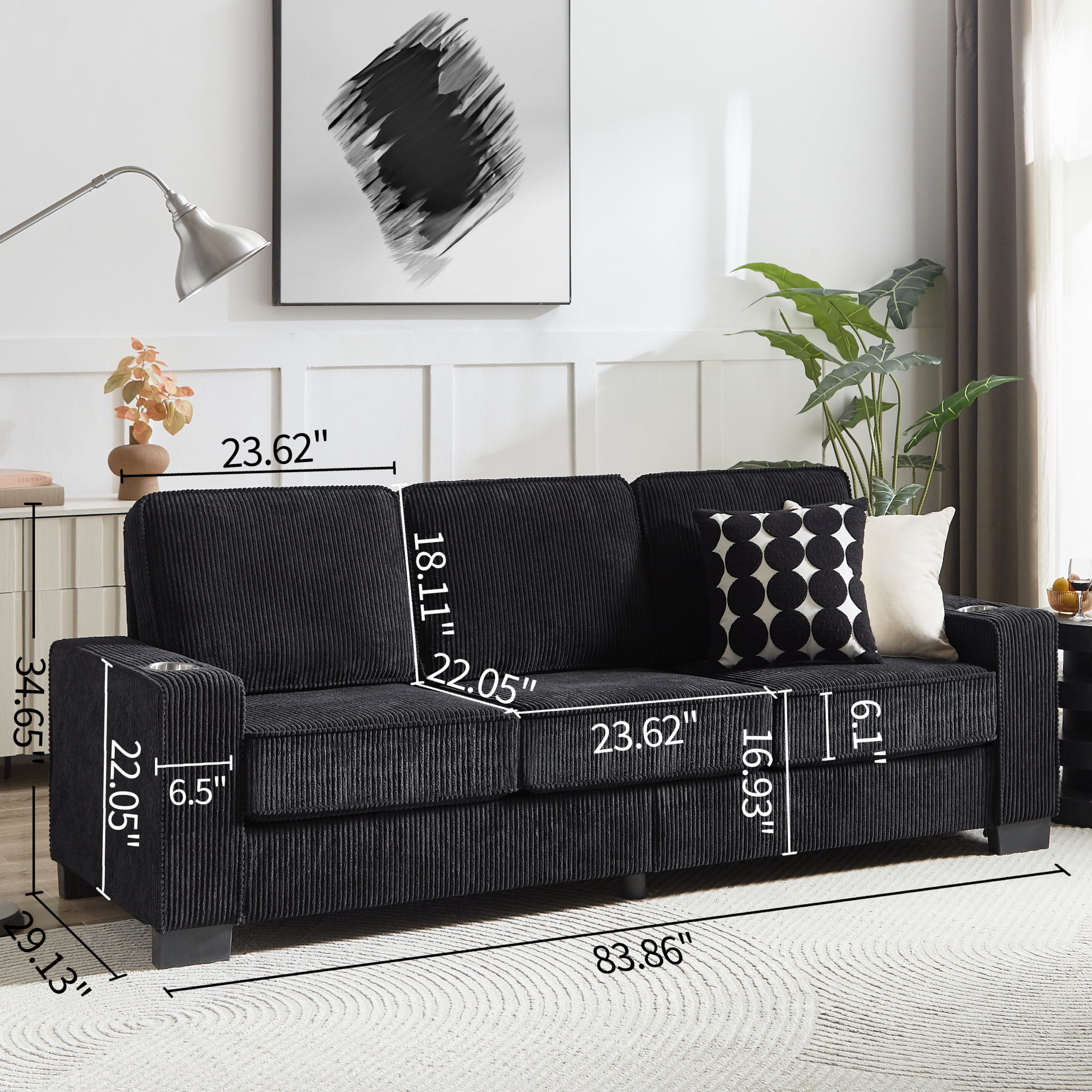 83.86" Large Sofa with Extra Deep Seats,Comfy Corduroy Couch with Cupholders,3 Seater Sofa for Living Room,Bedroom,Office,Black+Corduroy