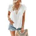 thumbnail image 3 of Biekopu Women Summer Short Sleeve T-Shirts,Casual Contrast Color Ruffle Trim V Neck Basic Tops, 3 of 7