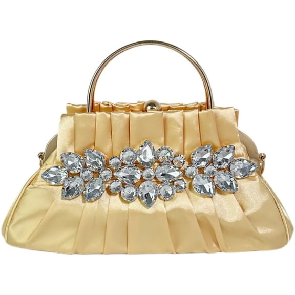 Women Retro Satin Evening Handbag Pleated Rhinestone Clutch Bag Party Wedding Crossbody Shoulder Purse with Chain
