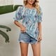 thumbnail image 5 of Mujer Cuello Redondo Manga Volantes Top Estampado Floral Camisa Suelta De Manga Corta Jersey Top Flor Verde XXL, 5 of 8