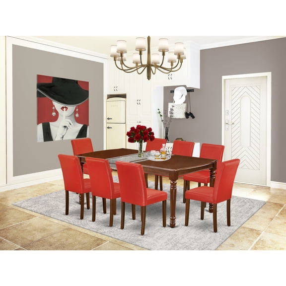 Rectangle Dining Table Set 9Pc 60-78 Inch Table w/ Leaf & 8 Chairs - Firebrick Red