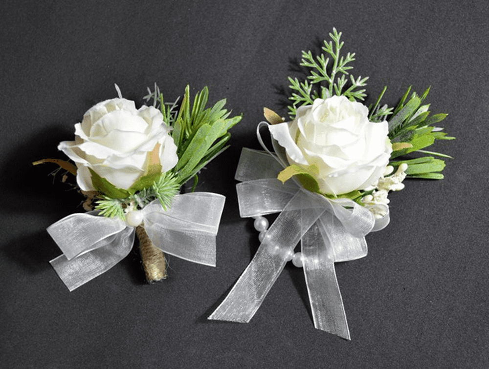 2Pcs White Rose Flower Wrist Corsage Boutonniere Set,3" White Corsage